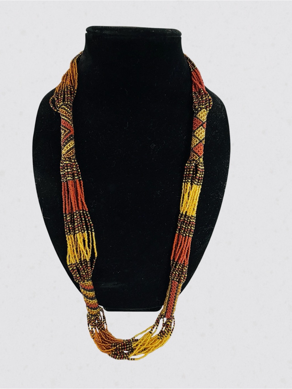 Vintage Seed Bead Multistrand Necklace Boho Brown Black Yellow Red Tribal 30”